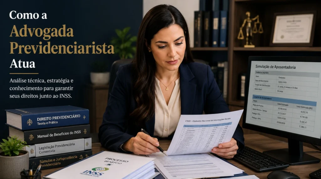 Advogada previdenciarista analisando documentos do INSS e histórico de contribuições.