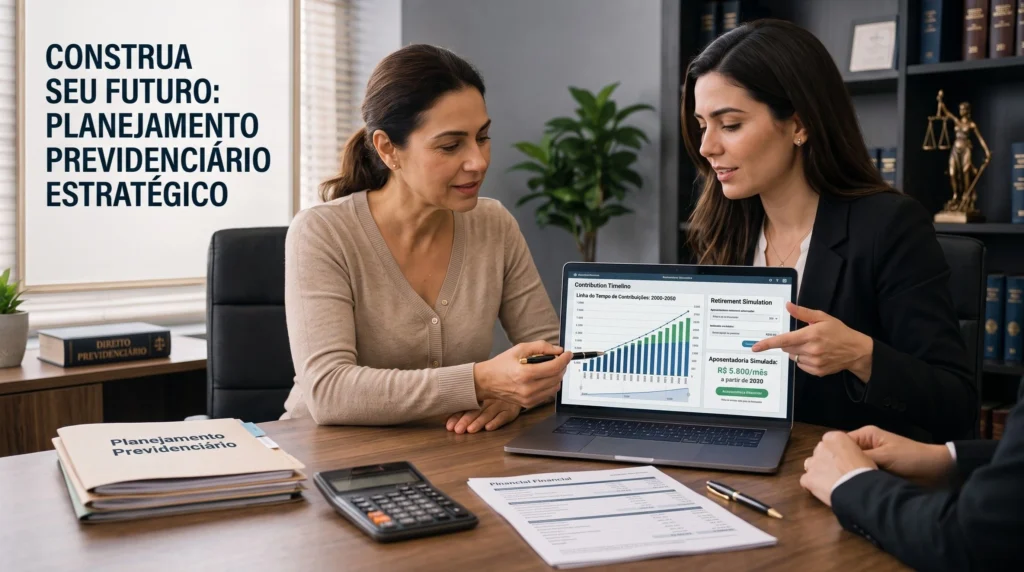 Advogada previdenciarista realizando planejamento para aposentadoria com cliente.